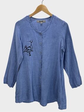 FLAX‎ Linen Button Front Tunic Top Artsy Blue Coastal Lagenlook Bird Graphic XS